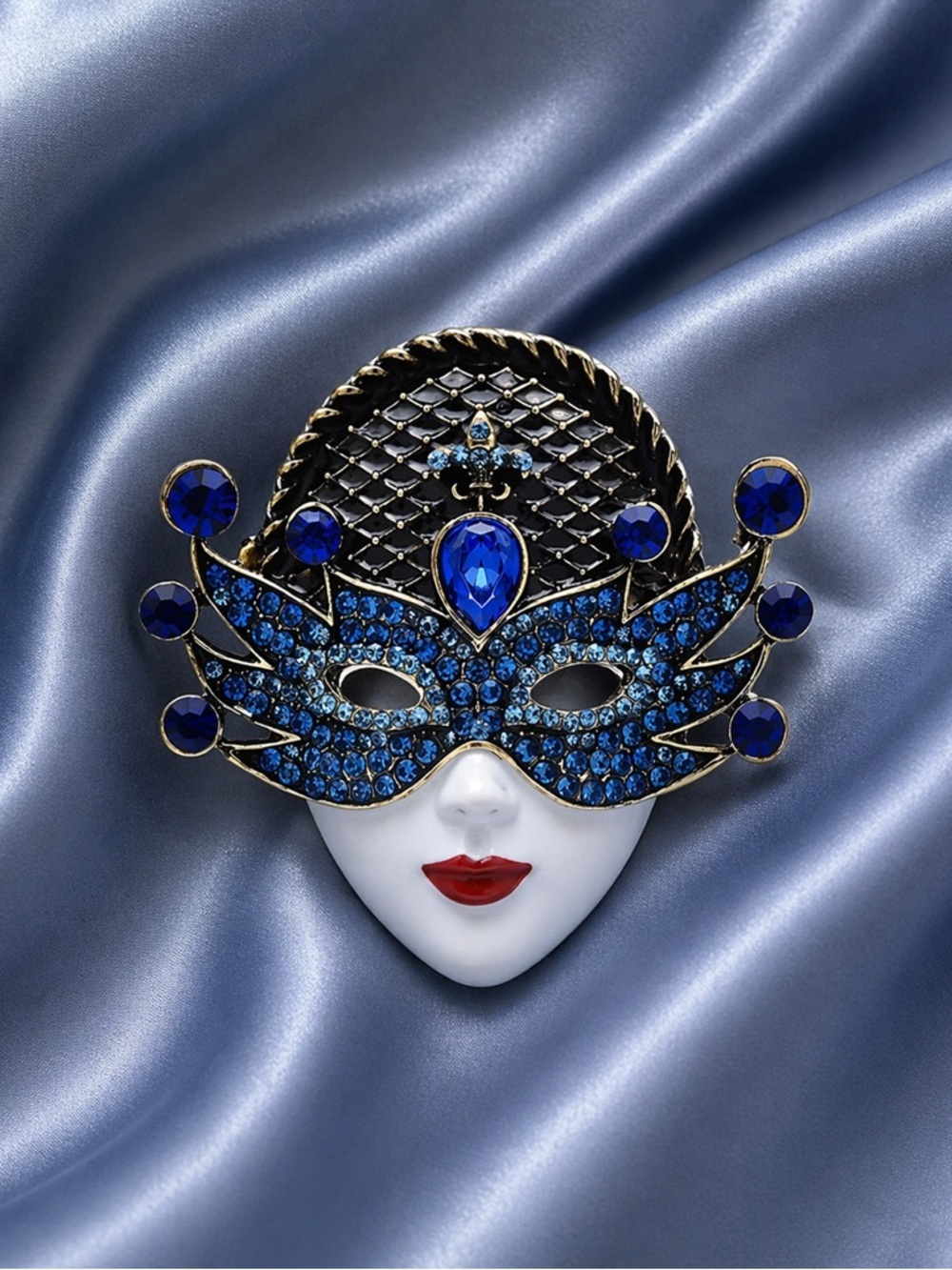 Anthropologie Blue Jeweled Masquerade Face Brooch